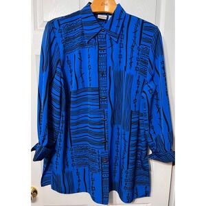 Vtg Jaclyn Smith Classics Blue Black Abstract Print Toggle ButtonUp Tunic Sz 20W